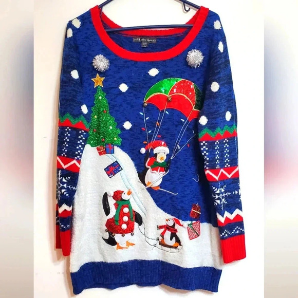 United States Christmas Sweater Penguins Trees Sequins  Long Snow Presents XXL - Picture 1 of 9